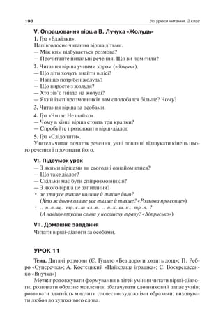 198 Усі уроки читання. 2 клас
V. Опрацювання вірша В. Лучука «Жолудь»
1. Гра «Бджілки».
Напівголосне читання вірша дітьми.
— Між ким відбувається розмова?
— Прочитайте питальні речення. Що ви помітили?
2. Читання вірша учнями хором («дощик»).
— Що діти хочуть знайти в лісі?
— Навіщо потрібен жолудь?
— Що виросте з жолудя?
— Хто зів’є гніздо на жолуді?
— Який із співрозмовників вам сподобався більше? Чому?
3. Читання вірша за особами.
4. Гра «Читає Незнайко».
— Чому в кінці вірша стоять три крапки?
— Спробуйте продовжити вірш-діалог.
5. Гра «Слідопити».
Учитель читає початок речення, учні повинні відшукати кінець цьо-
го речення і прочитати його.
VІ. Підсумок урок
— З якими віршами ви сьогодні ознайомилися?
— Що таке діалог?
— Скільки має бути співрозмовників?
— З якого вірша це запитання?
•	 ж хто усе тихше колише й тихше його?
	 (Хто ж його колише усе тихше й тихше? «Розмова про сонце»)
•	 .. н..в..щ.. тр..с..ш сл..в.. .. н..к..ш..н.. тр..в..?
	 (А навіщо трусиш сливи у некошену траву? «Вітрисько»)
VІІ. Домашнє завдання
Читати вірші-діалоги за особами.
УРОК 11
Тема. Дитячі розмови (Є. Гуцало «Без дороги ходить дощ»; П. Реб-
ро «Суперечка»; А. Костецький «Найкраща іграшка»; С. Воскрекасен-
ко «Внучка»)
Мета: продовжувати формування в дітей уміння читати вірші-діало-
ги; розвивати образне мовлення; збагачувати словниковий запас учнів;
розвивати здатність мислити словесно-художніми образами; виховува-
ти любов до художнього слова.
 