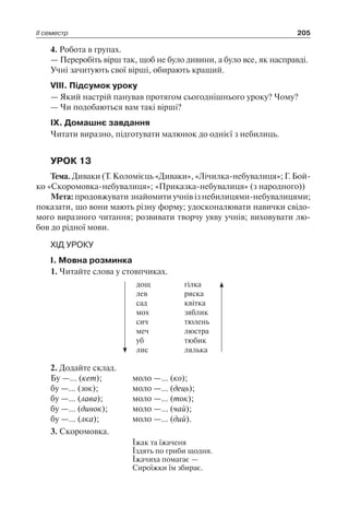 ІІ семестр 205
4. Робота в групах.
— Переробіть вірш так, щоб не було дивини, а було все, як насправді.
Учні зачитують свої вірші, обирають кращий.
VІІІ. Підсумок уроку
— Який настрій панував протягом сьогоднішнього уроку? Чому?
— Чи подобаються вам такі вірші?
ІХ. Домашнє завдання
Читати виразно, підготувати малюнок до однієї з небилиць.
УРОК 13
Тема. Диваки (Т. Коломієць «Диваки», «Лічилка-небувалиця»; Г. Бой-
ко «Скоромовка-небувалиця»; «Приказка-небувалиця» (з народного))
Мета: продовжувати знайомити учнів із небилицями-небувалицями;
показати, що вони мають різну форму; удосконалювати навички свідо-
мого виразного читання; розвивати творчу уяву учнів; виховувати лю-
бов до рідної мови.
ХІД УРОКУ
І. Мовна розминка
1. Читайте слова у стовпчиках.
дощ
лев
сад
мох
сич
меч
уб
лис
гілка
ряска
квітка
зяблик
тюлень
люстра
тюбик
лялька
2. Додайте склад.
Бу —… (кет);	 моло —… (ко);
бу —… (зок);	 моло —… (дець);
бу —… (лава);	 моло —… (ток);
бу —… (динок);	 моло —… (чай);
бу —… (лка);	 моло —… (дий).
3. Скоромовка.
Їжак та їжаченя
Їздять по гриби щодня.
Їжачиха помагає —
Сироїжки їм збирає.
 
