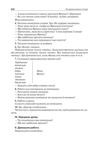220 Усі уроки читання. 2 клас
— З якою інтонацією ставила запитання Яринка? (Здивовано)
— Як слід читати слова мами? (Спокійно, лагідно, розмірено)
Фізкультхвилинка
4. Читання оповідання учнями. Гра «Не перерви ланцюжок».
— Чому мама витягла з шафи всі Яринчині платтячка?
— Що побачила Яринка серед викладеного одягу?
— Прочитайте, якою була сорочечка? З чим порівнює її автор?
— Чому здивувалася Яринка?
— Що найбільше вразило дівчинку?
— Чи доводилося вам переживати такі почуття?
5. Читання оповідання за особами.
6. Гра «Котик і мишка».
Першою починає читати «мишка». Коли вона прочитає декілька слів
або речення, то починає читати «котик». Він намагається наздогнати
«мишку». Гра припиняється, коли обидва учні читають одне й те ж.
7. Складання характеристики дійових осіб.
Турботлива
допитлива
уважна
добра
маленька
ніжна
здивована
бережлива
Мама
Яринка
— Доведіть свій вибір словами тексту.
8. Робота над ілюстрацією до оповідання.
— Розгляньте уважно малюнок.
— Кого ви на ньому бачите?
— Якими рядками оповідання ви підписали б малюнок?
9. Робота в групах.
Скласти словесний малюнок до оповідання.
10. Гра «Диктор телебачення».
Читати текст, періодично відриваючи погляд, щоб подивитися на гля-
дачів.
ІV. Підсумок уроку
— Чи сподобалося вам оповідання?
— Що вас найбільше вразило?
V. Домашня робота
Переказувати оповідання.
 
