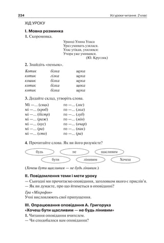 234 Усі уроки читання. 2 клас
ХІД УРОКУ
І. Мовна розминка
1. Скоромовка.
Уранці Уляна Уласа
Ураз умивать узялася.
Улас утікав, ухилявся:
Учора уже умивався.
(Ю. Кругляк)
2. Знайдіть «пеньок».
Котик
котик
кошик
котик
котик
білка
гілка
білка
білка
білка
щука
щука
щука
щока
щука
3. Додайте склад, утворіть слова.
Мі —… (сяць)
мі —… (кроб)
мі —… (бістр)
мі —… (раж)
мі —… (нус)
мі —… (ра)
мі —… (сто)
го —… (лос)
го —… (лка)
го —… (луб)
го —… (мін)
го —… (нчар)
го —… (пак)
го —… (ра)
4. Прочитайте слова. Як ви його розумієте?
щасливимнебудь
Хочешлінивимбути
(Хочеш бути щасливим — не будь лінивим.)
ІІ. Повідомлення теми і мети уроку
— Сьогодні ми прочитаємо оповідання, заголовком якого є прислів’я.
— Як ви думаєте, про що йтиметься в оповіданні?
Гра «Мікрофон»
Учні висловлюють свої припущення.
ІІІ. Опрацювання оповідання А. Григорука
«Хочеш бути щасливим — не будь лінивим»
1. Читання оповідання вчителем.
— Чи сподобалося вам оповідання?
 