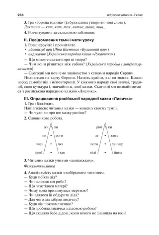 268 Усі уроки читання. 2 клас
3. Гра «Зоряна година» (із букв слова утворити нові слова).
Диктант — кит, кат, так, нитка, танк, тин…
4. Розчитування за складовою таблицею.
ІІ. Повідомлення теми і мети уроку
1. Розшифруйте і прочитайте.
•	 ийовнизуб арц (Ліна Костенко «Бузиновий цар»)
•	 акрукачив (Українська народна казка «Рукавичка»)
— Що можете сказати про ці твори?
— Чим вони різняться між собою? (Українська народна і літератур­
на казки)
— Сьогодні ми почнемо знайомство з казками народів Європи.
Подивіться на карту Європи. Назвіть країни, які ви знаєте. Кожен
народ самобутній і неповторний. У кожного народу свої звичаї, тради-
ції, своя культура і, звичайно ж, свої казки. Сьогодні ми познайомимо-
ся з російською народною казкою «Лисичка».
ІІІ. Опрацювання російської народної казки «Лисичка»
1. Гра «Бджілки».
Напівголосне читання казки — кожен у своєму темпі.
— Чи чули ви про цю казку раніше?
2. Словникова робота.
лепи роги
лижи
приї хав
лиси чка
жить
кириб
піді йшла
поти хеньку
3. Читання казки учнями «ланцюжком».
Фізкультхвилинка
4. Аналіз змісту казки з вибірковим читанням.
— Куди поїхав дід?
— Чи наловив він риби?
— Що захотілося матері?
— Чому вона прикинулася мертвою?
— Чи вдалося їй обдурити діда?
— Для чого дід забрав лисичку?
— Куди він поклав лисицю?
— Що зробила лисичка з дідовою рибою?
— Що сказала баба дідові, коли нічого не знайшла на возі?
 
