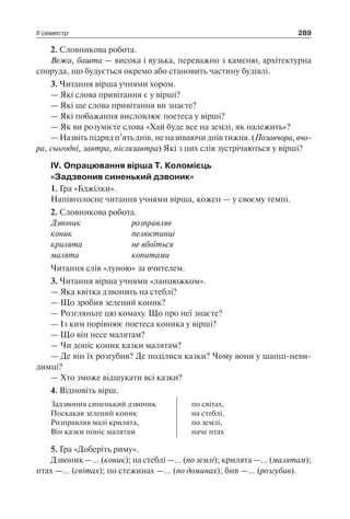 ІІ семестр 289
2. Словникова робота.
Вежа, башта — висока і вузька, переважно з каменю, архітектурна
споруда, що будується окремо або становить частину будівлі.
3. Читання вірша учнями хором.
— Які слова привітання є у вірші?
— Які ще слова привітання ви знаєте?
— Які побажання висловлює поетеса у вірші?
— Як ви розумієте слова «Хай буде все на землі, як належить»?
— Назвіть підряд п’ять днів, не називаючи днів тижня. (Позавчора, вчо­
ра, сьогодні, завтра, післязавтра) Які з цих слів зустрічаються у вірші?
ІV. Опрацювання вірша Т. Коломієць
«Задзвонив синенький дзвоник»
1. Гра «Бджілки».
Напівголосне читання учнями вірша, кожен — у своєму темпі.
2. Словникова робота.
Дзвоник	 розправляв
коник	 пелюстинці
крилята	 не вбоїться
малята	 копитами
Читання слів «луною» за вчителем.
3. Читання вірша учнями «ланцюжком».
— Яка квітка дзвонить на стеблі?
— Що зробив зелений коник?
— Розгляньте цю комаху. Що про неї знаєте?
— Із ким порівнює поетеса коника у вірші?
— Що він несе малятам?
— Чи доніс коник казки малятам?
— Де він їх розгубив? Де поділися казки? Чому вони у шапці-неви-
димці?
— Хто зможе відшукати всі казки?
4. Відновіть вірш.
Задзвонив синенький дзвоник
Поскакав зелений коник
Розправляв малі крилята,
Він казки поніс малятам
по світах,
на стеблі,
по землі,
наче птах
5. Гра «Доберіть риму».
Дзвоник —… (коник); на стеблі —… (по землі); крилята —… (малятам);
птах —… (світах); по стежинах —… (по доминах); бив —… (розгубив).
 