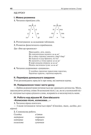 40 Усі уроки читання. 2 клас
ХІД УРОКУ
І. Мовна розминка
1. Читання пірамідок слів.
го спа ти
ко тик
чка
но
ні
чує
рі
сі ли
лі
лю
гу
лі
2. Розчитування за складовою таблицею.
3. Розвиток фонетичного сприймання.
Гра «Хто що промовляє»
Пригадайте, діти, вмить.
Як пшениченька шумить: ш-ш-ш!
Як в гайку струмок дзвенить: джр!-джр!
Як бджола в саду бринить: дз!-дз!
Як шумлять у птаха крила: ш-ш-ш!
В морі синьому вітрила: ш-ш-ш!
Поміж листячком гуляє: ш-ш-ш!
4. Читання скоромовки «дощиком».
У голубки-горлички туркотливе горлечко,
Горличка туркоче, горличка воркоче.
ІІ. Перевірка домашнього завдання
Учні розповідають прислів’я про мову, які вивчили вдома.
ІІІ. Повідомлення теми і мети уроку
— Любов до рідної мови починається ще з раннього дитинства. Мати,
заколисуючи дитину, співає їй колискові пісні, і де, як не у колисковій піс-
ні, відчувається краса рідного слова, яскравість в милозвучність мови.
IV. Робота над віршем М. Сингаївського
«Колискова пісня, колискова…»
1. Читання вірша вчителем.
— З якою інтонацією читається вірш? (Спокійно, тихо, лагідно, роз­
мірено)
2. Словникова робота.
Солодка	 м’ятою
материна	 споришем
найперша	 чебрецем
колискова	 суничним
 