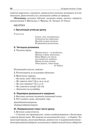 50 Усі уроки читання. 2 клас
навички виразного, свідомого, правильного читання; розвивати зв’язне
мовлення, фонетичний слух; виховувати любов до природи.
Обладнання: складова таблиця; малюнки явора, калини; портрети
письменників Т. Шевченка, І. Франка, П. Тичини, О. Олеся.
ХІД УРОКУ
I. Організація учнів до уроку
Учитель
Сядьте, діти, всі рівненько,
Усміхніться всі гарненько,
Настрій на урок візьмемо
Й працювати розпочнемо.
II. Читацька розминка
1. Читання вірша.
Шишка впала — не розбилась,
Шишка в трави закотилась,
Наша Шура в ліс пішла,
Але шишки не знайшла,
Принесла вона додому
Лише радість, лише втому.
(Г. Чубач)
Розповідайте весело, швидко.
2. Розчитування за складовою таблицею.
3. Фонетична зарядка.
— Як капає дощ? (Кап-кап-кап)
— Як гуркоче грім? (Гр-р-гр-р-гр-р)
— Як гуде машина? (Гу-у-у-у)
— Як дзижчить комар? (Дз-дз)
— Дмухнемо на кульбабку.
II. Перевірка домашнього завдання
1. Виставка дитячих малюнків півникової хатки.
2. Роз’єднайте слова, відгадайте твір.
Анамоїйхатоньцікрокви
Зхорошогодеревазморкви
III. Повідомлення теми і мети уроку
1. Вступне слово вчителя.
— Сьогодні ми продовжуємо з вами ознайомлюватися з багатством
і красою рідної мови. Ми живемо на мальовничій землі — в Україні. Тут
жилинашіпредки,жилинашібатьки,живемоіми.Іззадоволенняммилує-
мосякрасоюрідноїприроди,вслухаємосяучарівнімелодіїпісень,вбираємо
 