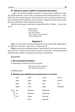 І семестр 83
IV. Підсумок уроку. Підбиття підсумків вікторини
— Діти, ви молодці! Добре засвоїли те, про що ми говорили на уро-
ках. Найголовніше, пам’ятайте, ми живемо на мальовничій землі — в Ук-
раїні. Тут жили наші предки, живуть батьки і ми. Із задоволенням милує-
мося красою рідної природи, вслухаємося у чарівні мелодії пісень, вби-
раємо у себе ніжні звуки української мови.
Любіть всім серцем свою рідну мову. Вивчайте її. Вона — наша гор-
дість!
Мово рідна!
Слово рідне!
Хто вас забуває,
Той у грудях не серденько,
А лиш камінь має.
Варіант 2
Тема. У серці ніжну і погідну збережемо мову рідну! (М. Хоросниць-
ка «Матусин заповіт»; «Дві душі» (з народного))
Мета: узагальнити найважливіше з прочитаної теми і розділу; розви-
вати пам’ять; уміння висловлювати оцінні судження; вчити розрізняти
твори різних жанрів; виховувати культуру спілкування.
ХІД УРОКУ
I. Організаційний момент
1. Перевірка готовності дітей до уроку.
Поспішіть місця зайняти —
Час урок розпочинати.
2. Привітання.
II. Вправи для вироблення правильності читання
град гриб гілка галка
грам грип гірка галька
грак гній гра гай
граф гніт грак гайворон
ма
ча
та
да давати дворовий
давити дворогий
диван доктор
дива диктор
 