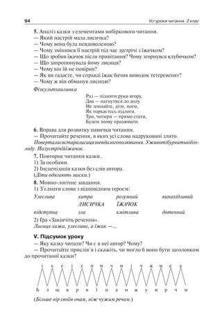 94 Усі уроки читання. 2 клас
5. Аналіз казки з елементами вибіркового читання.
— Який настрій мала лисичка?
— Чому вона була невдоволеною?
— Чому змінився її настрій під час зустрічі з їжачком?
— Що зробив їжачок після привітання? Чому згорнувся клубочком?
— Що запропонувала йому лисиця?
— Чому він їй не повірив?
— Як ви гадаєте, чи справді їжак бачив виводок тетеревенят?
— Чому ж він обманув лисицю?
Фізкультхвилинка
Раз — підняти руки вгору,
Два — нагнутися до долу.
Не згинайте, діти, ноги,
Як торкаєтесь підлоги.
Три, чотири — прямо стати,
Будем знову працювати.
6. Вправа для розвитку навички читання.
— Прочитайте речення, в яких усі слова надруковані злито.
Поверталасястаралисицязневдалогополювання. Уживотібурчитьвідго­
лоду. Назустрічїйїжачок.
7. Повторне читання казки.
1) За особами.
2) Інсценізація казки без слів автора.
(Діти одягають маски.)
8. Мовно-логічне завдання.
1) З’єднати слова з відповідним героєм:
Улеслива	 хитра	 розумний	 винахідливий
	 ЛИСИЧКА	 ЇЖАЧОК
підступна	 зла	 кмітлива	 дотепний
2) Гра «Закінчіть речення».
Лисиця хижа, улеслива, а їжак —…
V. Підсумок уроку
— Яку казку читали? Чи є в неї автор? Чому?
— Прочитайте прислів’я і скажіть, чи могло б воно бути заголовком
до прочитаної казки?
Б
і
л
ь
ш
е
в
і
р
с
в
о
ї
м
о
ч
а
м
н
і
ж
ч
у
ж
и
м
р
е
ч
а
м
(Більше вір своїм очам, ніж чужим речам.)
 