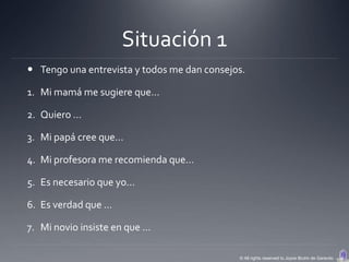 Situación 1
 Tengo una entrevista y todos me dan consejos.

1. Mi mamá me sugiere que…

2. Quiero …

3. Mi papá cree que…

4. Mi profesora me recomienda que…

5. Es necesario que yo…

6. Es verdad que …

7. Mi novio insiste en que …

                                             © All rights reserved to Joyce Bruhn de Garavito
 