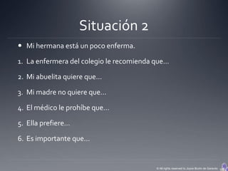 Situación 2
 Mi hermana está un poco enferma.

1. La enfermera del colegio le recomienda que…

2. Mi abuelita quiere que…

3. Mi madre no quiere que…

4. El médico le prohíbe que…

5. Ella prefiere…

6. Es importante que…


                                          © All rights reserved to Joyce Bruhn de Garavito
 