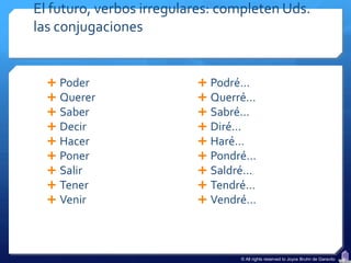 El futuro, verbos irregulares: completen Uds.
las conjugaciones


   Poder                  Podré…
   Querer                 Querré…
   Saber                  Sabré…
   Decir                  Diré…
   Hacer                  Haré…
   Poner                  Pondré…
   Salir                  Saldré…
   Tener                  Tendré…
   Venir                  Vendré…




                                 © All rights reserved to Joyce Bruhn de Garavito
 