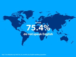 around
83%
do not speak English
(as a ﬁrst or second language)
http://en.wikipedia.org/wiki/List_of_languages_by_total_num...