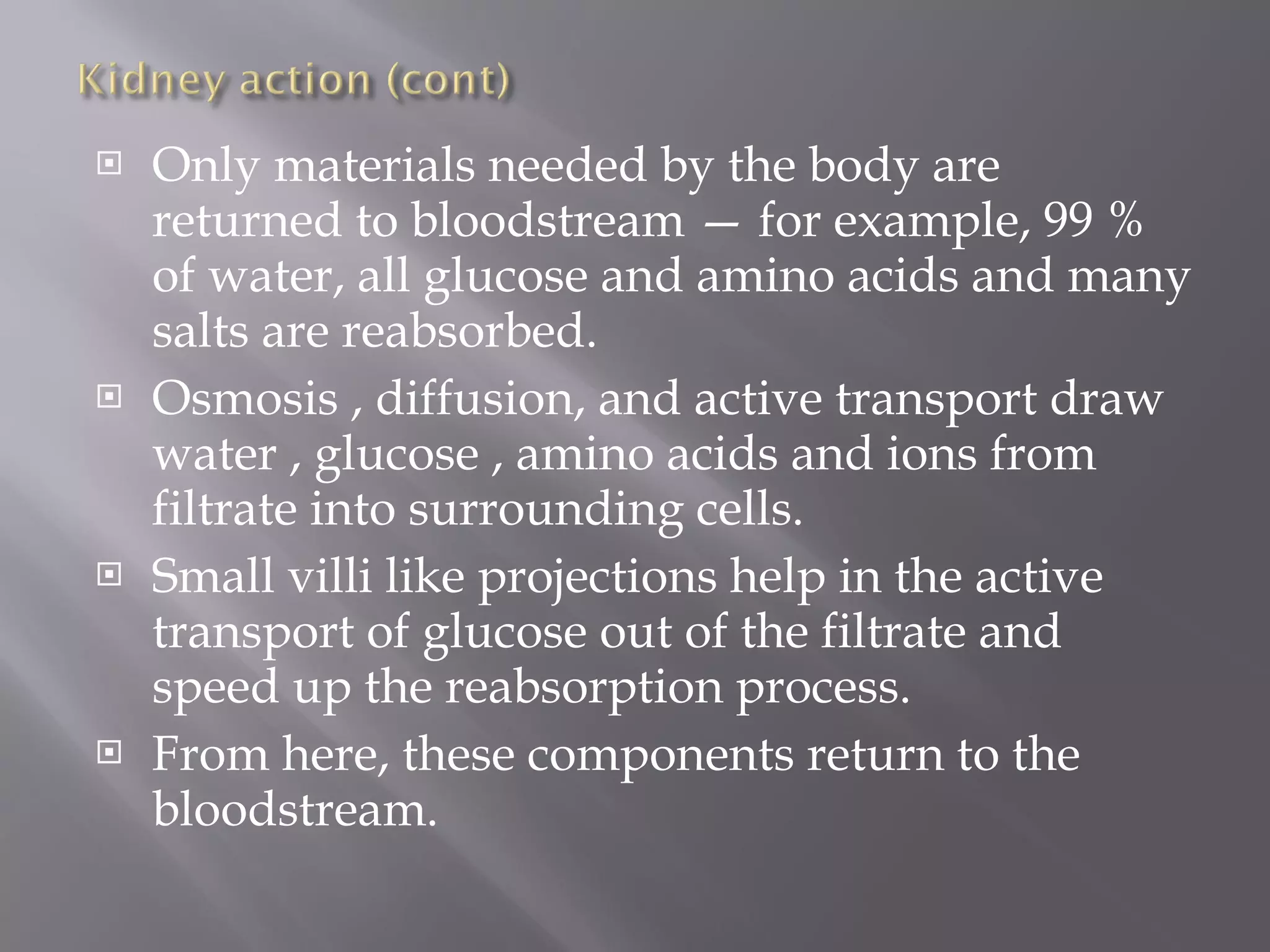 Only materials needed by the body are returned to bloodstream — for example, 99 % of water, all glucose and amino acids and many salts are reabsorbed.  Osmosis , diffusion, and active transport draw water , glucose , amino acids and ions from filtrate into surrounding cells.  Small villi like projections help in the active transport of glucose out of the filtrate and speed up the reabsorption process.  From here, these components return to the bloodstream. 