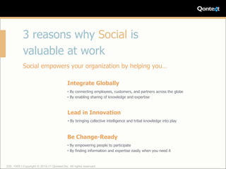 3 reasons why Social is
           valuable at work
           Social empowers your organization by helping you…

                                           Integrate Globally
                                           • By connecting employees, customers, and partners across the globe
                                           • By enabling sharing of knowledge and expertise



                                           Lead in Innovation
                                           • By bringing collective intelligence and tribal knowledge into play



                                           Be Change-Ready
                                           • By empowering people to participate
                                           • By finding information and expertise easily when you need it



220_1005 | Copyright © 2010-11 Qontext Inc. All rights reserved.
 