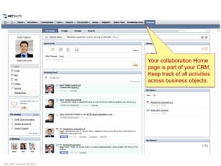 Your collaboration Home
                              page is part of your CRM.
                              Keep track of all activities
                              across business objects.




220_1007 | January 24, 2011
 