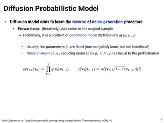 • Diffusion model aims to learn the reverse of noise generation procedure
• Forward step: (Iteratively) Add noise to the original sample
→ Technically, it is a product of conditional noise distributions 𝑞(𝐱#|𝐱#$%)
• Usually, the parameters 𝛽# are fixed (one can jointly learn, but not beneficial)
• Noise annealing (i.e., reducing noise scale 𝛽# < 𝛽#$%) is crucial to the performance
Diffusion Probabilistic Model
11
Sohl-Dickstein et al. Deep Unsupervised Learning using Nonequilibrium Thermodynamics. ICML’15
 