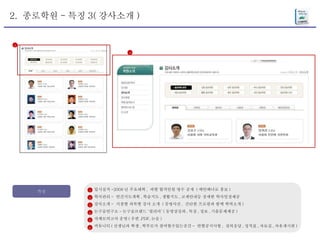 2.  종로학원 - 특징 3( 강사소개 )  특징 입시실적 -2008 년 주요대학 ,  과별 합격인원 명수 공개  ( 메인배너로 홍보 ) 학사관리 -  연간지도계획 , 학습지도 , 생활지도 , 교재안내등 상세한 학사일정제공 강사소개 -  지점별 과목별 강사 소개  ( 증명사진 ,  간단한 프로필과 함께 학력소개 ) 논구술연구소 - 논구술브랜드 ‘필리아’ ( 동영상강좌 , 특강 , 정보 , 기출문제제공 ) 자체모의고사 운영 ( 우편 ,PDF, 논술 ) 커뮤니티 ( 선생님과 학생 , 학부모가 참여할수있는공간 -  반별공지사항 ,  질의응답 , 성적표 , 자료실 , 자유게시판 ) 3 1 2 3 4 5 6 3 