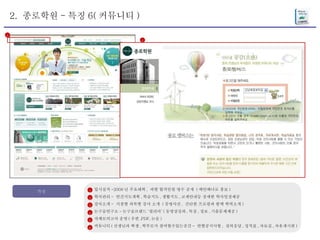 6 2.  종로학원 - 특징 6( 커뮤니티 )  특징 입시실적 -2008 년 주요대학 ,  과별 합격인원 명수 공개  ( 메인배너로 홍보 ) 학사관리 -  연간지도계획 , 학습지도 , 생활지도 , 교재안내등 상세한 학사일정제공 강사소개 -  지점별 과목별 강사 소개  ( 증명사진 ,  간단한 프로필과 함께 학력소개 ) 논구술연구소 - 논구술브랜드 ‘필리아’ ( 동영상강좌 , 특강 , 정보 , 기출문제제공 ) 자체모의고사 운영 ( 우편 ,PDF, 논술 ) 커뮤니티 ( 선생님과 학생 , 학부모가 참여할수있는공간 -  반별공지사항 ,  질의응답 , 성적표 , 자료실 , 자유게시판 ) 1 2 3 4 5 6 6 