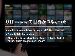 OTT(Over The Top)で世界がつながった
• Netflix、Amazon Prime、Disney+、HBO Max、Peacock
• CrunchyRoll、Funimation
• Playstation Now、Xbox ...