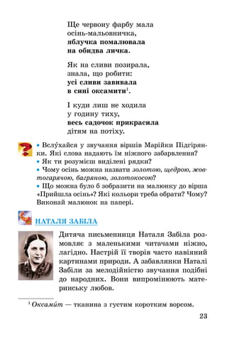 23
Ще червону фарбу мала
осінь-мальовничка,
яблучка помалювала
на обидва личка.
Як на сливи позирала,
знала, що робити:
усі сливи завивала
в сині оксамити1
.
І куди лиш не ходила
у годину тиху,
весь садочок прикрасила
дітям на потіху.
•• Вслухайся у звучання віршів Марійки Підгірян-
ки. Які слова надають їм ніжного забарвлення?
•• Як ти розумієш виділені рядки?
•• Чому осінь можна назвати золотою, щедрою, жов-
тогарячою, багряною, золотокосою?
•• Що можна було б зобразити на малюнку до вірша
«Прийшла осінь»? Які кольори треба обрати? Чому?
Виконай малюнок на папері.
НАТАЛЯ ЗАБІЛА
Дитяча письменниця Наталя Забіла роз-
мовляє з маленькими читачами ніжно,
лагідно. Настрій її творів часто навіяний
картинами природи. А забавлянки Наталі
Забіли за мелодійністю звучання подібні
до народних. Вони випромінюють мате-
ринську любов.
1
 Оксамит — тканина з густим коротким ворсом.
 