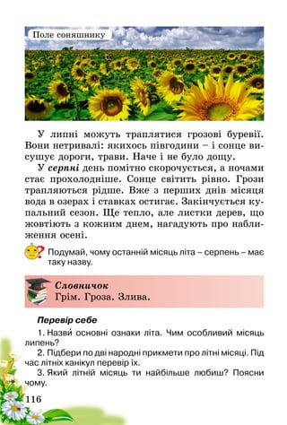 116
У липні можуть траплятися грозові буревії.
Вони нетривалі: якихось півгодини – і сонце ви-
сушує дороги, трави. Наче і не було дощу.
У серпні день помітно скорочується, а ночами
стає прохолодніше. Сонце світить рівно. Грози
трапляються рідше. Вже з перших днів місяця
вода в озерах і ставках остигає. Закінчується ку-
пальний сезон. Ще тепло, але листки дерев, що
жовтіють з кожним днем, нагадують про набли-
ження осені.
Подумай, чому останній місяць літа – серпень – має
таку назву.
Словничок
Грім. Гроза. Злива.
Перевір себе
1. Назви основні ознаки літа. Чим особливий місяць
липень?
2. Підбери по дві народні прикмети про літні місяці. Під
час літніх канікул перевір їх.
3. Який літній місяць ти найбільше любиш? Поясни
чому.
?
Поле соняшнику
 