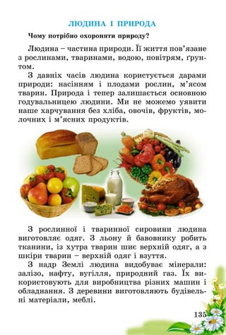 135
ЛЮДИНА І ПРИРОДА
Чому потрібно охороняти природу?
Людина – частина природи. Її життя пов’язане
з рослинами, тваринами, водою, повітрям, ґрун-
том.
З давніх часів людина користується дарами
природи: насінням і плодами рослин, м’ясом
тварин. Природа і тепер залишається основною
годувальницею людини. Ми не можемо уявити
наше харчування без хліба, овочів, фруктів, мо-
лочних і м’ясних продуктів.
З рослинної і тваринної сировини людина
виго­товляє одяг. З льону й бавовнику робить
тканини, із хутра тварин шиє верхній одяг, а з
шкіри тварин – верхній одяг і взуття.
З надр Землі людина видобуває мінерали:
залі­зо, нафту, вугілля, природний газ. Їх ви­
користовують для виробництва різних машин і
обладнання. З деревини виготовляють будівель-
ні матеріали, меблі.
 