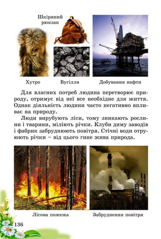 136
Для власних потреб людина перетворює при-
роду, отримує від неї все необхідне для життя.
Однак діяльність людини часто негативно впли-
ває на природу.
Люди вирубують ліси, тому зникають росли-
ни і тварини, міліють річки. Клуби диму заводів
і фабрик забруднюють повітря. Стічні води отру-
юють річки – від цього гине жива природа.
	 Лісова пожежа	 Забруднення повітря
Хутро Вугілля Добування нафти
Шкіряний
рюкзак
 