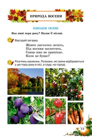15
ПРИРОДА ВОСЕНИ
ОЗНАКИ ОСЕНІ
Яка нині пора року? Назви її місяці.
Відгадай загадку.
Жовте листячко летить,
Під ногами шелестить.
Сонце вже не припікає.
Коли це буває?
Розглянь малюнки. Розкажи, які зміни відбуваються
у цю пору року в лісі, в саду, на городі.
 