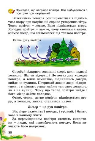 88
Пригадай, що нагріває повітря. Що відбувається з
повітрям при нагріванні?
Властивість повітря розширюватися і підніма­
тися вгору при нагріванні сприяє утворенню віт­ру.
Тепле повітря – легше. Воно піднімається вгору.
Холодне повітря – важче, тому стелиться низом,
займає місце, що звільнилося від теплого повітря.
Спробуй відкрити зовнішні двері, коли надворі
холодно. Що ти відчуєш? По ногах дме холодне
повітря, а тепле кімнатне, піднявшись догори,
вийде на вулицю. Потримай довше двері відкри-
тими, і в кімнаті стане майже так само холодно,
як і на вулиці. Тому що тепле повітря вийде і
його місце займе холодне.
Отже, тепле, легке повітря піднімається вго-
ру, а холодне, важче, стелиться низом.
Вітер – це рух повітря.
Від вітру залежить і погода, і урожай, і багато
чого в нашому житті.
За переміщенням повітря стежать синопти-
ки – люди, які передбачають погоду. Вони ви-
вчають його напрямок.
Схема руху повітря
 