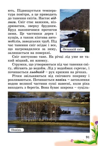 91
ють. Підвищується темпера-
тура повітря, а це приводить
до танення снігів. Настає від­
лига. Сніг стає важким, ніз-
дрюватим, зверху брудним.
Бруд накопичився протягом
зими. Це частинки дерев і
кущів, а також кіптява авто-
мобілів, заводських труб. Під
час танення сніг осідає і все,
що нагромадилося за зиму,
залишається на поверхні.
Сніг поступово тане. На річці лід уже не та-
кий міцний, як взимку.
Струмки, що утворюються під час танення сні­
гу, збігають до водойм. Лід у водоймах скресає, і
починається льодохід – рух крижин на річках.
Річки звільняються від снігового покриву і
розливаються. Починається повінь – затоплення
водою великої частини суші навесні, коли ріка
виходить з берегів. Вона буває широка – суціль-
Останній сніг
Повінь
 