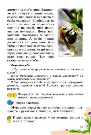 99
джмелина сім’я гине. Залиша­
ються зимувати лише молоді
самки. Ось вони й вилазять зі
своїх схованок. Зігрівшись на
сонці, летять до золотистих
котиків на вербі, щоб пожи-
витися нектаром. Доки ночі
холодні, ховаються в затиш-
них місцях. А потім кожна
джмелиха не один день літа-
тиме низько над землею, зази-
ратиме в тріщини, старі нори,
шукаючи місце, щоб облашту-
вати своє гніздо. Тут вона
створить нову сім’ю.
Перевір себе
1. Як зміни в природі навесні впливають на життя
комах­?
2. Які метелики мешкають у вашій місцевості? За
якими­ознаками ти їх впізнаєш?
3. Чи доводилося тобі спостерігати за поведінкою
джмелів, мурашок навесні? Розкажи про свої спосте­
реження.
Поміркуйте, які почуття викликає у вас поява
навесні­перших метеликів.
Перевір прикмету.
Мурашки перед ясною погодою старанно пра-
цюють і рухаються швидше, ніж звичайно.
Поява комах навесні – це весняне явище у
живій­ природі.
Джміль
 