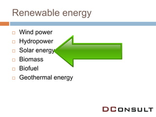 Renewable energy
   Wind power
   Hydropower
   Solar energy
   Biomass
   Biofuel
   Geothermal energy
 