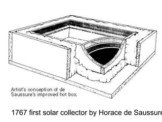 1767 first solar collector by Horace de Saussure
 