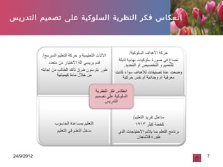 24/9/2012 7
‫التدريس‬ ‫تصميم‬ ‫على‬ ‫السلوكية‬ ‫النظرية‬ ‫فكر‬ ‫انعكاس‬
 