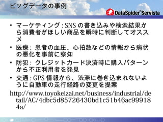 ビッグデータの事例


• マーケティング : SNS の書き込みや検索結果か
  ら消費者がほしい商品を瞬時に判断してオスス
  メ
• 医療 : 患者の血圧、心拍数などの情報から病状
  の悪化を事前に察知
• 防犯 : クレジットカード決済時に購入パターン
  から不正利用者を発見
• 交通 : GPS 情報から、渋滞に巻き込まれないよ
  うに自動車の走行経路の変更を提案
http://www.toyokeizai.net/business/industrial/de
  tail/AC/4dbc5d85726430bd1c51b46ac99918
  4a/
 