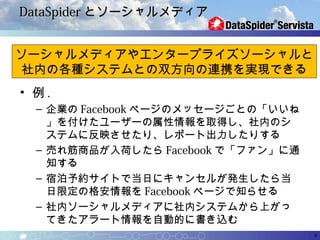 DataSpider とソーシャルメディア


ソーシャルメディアやエンタープライズソーシャルと
 社内の各種システムとの双方向の連携を実現できる
• 例.
  – 企業の Facebook ページのメッセージごとの「いいね
    」を付けたユーザーの属性情報を取得し、社内のシ
    ステムに反映させたり、レポート出力したりする
  – 売れ筋商品が入荷したら Facebook で「ファン」に通
    知する
  – 宿泊予約サイトで当日にキャンセルが発生したら当
    日限定の格安情報を Facebook ページで知らせる
  – 社内ソーシャルメディアに社内システムから上がっ
    てきたアラート情報を自動的に書き込む
                                    9
 