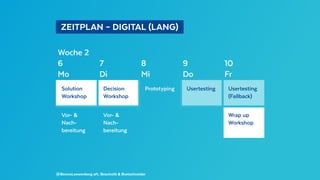   ZEITPLAN – DIGITAL (LANG) 
@BennoLoewenberg aft. Beschnitt & Bretschneider
Woche 2
6 7 8 9 10
Mo Di Mi Do Fr
Solution
Workshop
Decision
Workshop
Prototyping Usertesting Usertesting
(Fallback)
Vor- &
Nach-
bereitung
Vor- &
Nach-
bereitung
Wrap up
Workshop
 