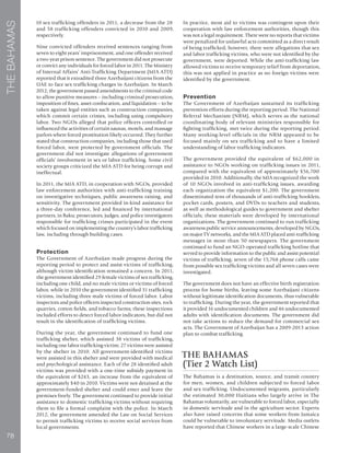 78
THEBAHAMAS
10 sex trafficking offenders in 2011, a decrease from the 28
and 58 trafficking offenders convicted in 2010 and 2009,
respectively.
Nine convicted offenders received sentences ranging from
seven to eight years’ imprisonment, and one offender received
a two-year prison sentence. The government did not prosecute
or convict any individuals for forced labor in 2011. The Ministry
of Internal Affairs’ Anti-Trafficking Department (MIA ATD)
reported that it extradited three Azerbaijani citizens from the
UAE to face sex trafficking charges in Azerbaijan. In March
2012, the government passed amendments to the criminal code
to allow punitive measures – including criminal prosecution,
imposition of fines, asset confiscation, and liquidation – to be
taken against legal entities such as construction companies,
which commit certain crimes, including using compulsory
labor. Two NGOs alleged that police officers controlled or
influenced the activities of certain saunas, motels, and massage
parlors where forced prostitution likely occurred. They further
stated that construction companies, including those that used
forced labor, were protected by government officials. The
government did not investigate allegations of government
officials’ involvement in sex or labor trafficking. Some civil
society groups criticized the MIA ATD for being corrupt and
ineffectual.
In 2011, the MIA ATD, in cooperation with NGOs, provided
law enforcement authorities with anti-trafficking training
on investigative techniques, public awareness raising, and
sensitivity. The government provided in-kind assistance for
a three-day conference, led and financed by international
partners, in Baku; prosecutors, judges, and police investigators
responsible for trafficking crimes participated in the event
which focused on implementing the country’s labor trafficking
law, including through building cases.
Protection
The Government of Azerbaijan made progress during the
reporting period to protect and assist victims of trafficking,
although victim identification remained a concern. In 2011,
the government identified 29 female victims of sex trafficking,
including one child, and no male victims or victims of forced
labor, while in 2010 the government identified 31 trafficking
victims, including three male victims of forced labor. Labor
inspectors and police officers inspected construction sites, rock
quarries, cotton fields, and tobacco farms; these inspections
included efforts to detect forced labor indicators, but did not
result in the identification of trafficking victims.
During the year, the government continued to fund one
trafficking shelter, which assisted 38 victims of trafficking,
including one labor trafficking victim; 27 victims were assisted
by the shelter in 2010. All government-identified victims
were assisted in this shelter and were provided with medical
and psychological assistance. Each of the 28 identified adult
victims was provided with a one-time subsidy payment in
the equivalent of $243, an increase from the equivalent of
approximately $40 in 2010. Victims were not detained at the
government-funded shelter and could enter and leave the
premises freely. The government continued to provide initial
assistance to domestic trafficking victims without requiring
them to file a formal complaint with the police. In March
2012, the government amended the Law on Social Services
to permit trafficking victims to receive social services from
local governments.
In practice, most aid to victims was contingent upon their
cooperation with law enforcement authorities, though this
was not a legal requirement. There were no reports that victims
were penalized for unlawful acts committed as a direct result
of being trafficked; however, there were allegations that sex
and labor trafficking victims, who were not identified by the
government, were deported. While the anti-trafficking law
allowed victims to receive temporary relief from deportation,
this was not applied in practice as no foreign victims were
identified by the government.
Prevention
The Government of Azerbaijan sustained its trafficking
prevention efforts during the reporting period. The National
Referral Mechanism (NRM), which serves as the national
coordinating body of relevant ministries responsible for
fighting trafficking, met twice during the reporting period.
Many working-level officials in the NRM appeared to be
focused mainly on sex trafficking and to have a limited
understanding of labor trafficking indicators.
The government provided the equivalent of $62,000 in
assistance to NGOs working on trafficking issues in 2011,
compared with the equivalent of approximately $56,700
provided in 2010. Additionally, the MIA recognized the work
of 10 NGOs involved in anti-trafficking issues, awarding
each organization the equivalent $1,200. The government
disseminated tens of thousands of anti-trafficking booklets,
pocket cards, posters, and DVDs to teachers and students,
as well as methodological guides to government and shelter
officials; these materials were developed by international
organizations. The government continued to run trafficking
awareness public service announcements, developed by NGOs,
on major TV networks, and the MIA ATD placed anti-trafficking
messages in more than 50 newspapers. The government
continued to fund an NGO-operated trafficking hotline that
served to provide information to the public and assist potential
victims of trafficking; seven of the 15,768 phone calls came
from possible sex trafficking victims and all seven cases were
investigated.
The government does not have an effective birth registration
process for home births, leaving some Azerbaijani citizens
without legitimate identification documents, thus vulnerable
to trafficking. During the year, the government reported that
it provided 16 undocumented children and 46 undocumented
adults with identification documents. The government did
not take actions to reduce the demand for commercial sex
acts. The Government of Azerbaijan has a 2009-2013 action
plan to combat trafficking.
THE BAHAMAS
(Tier 2 Watch List)
The Bahamas is a destination, source, and transit country
for men, women, and children subjected to forced labor
and sex trafficking. Undocumented migrants, particularly
the estimated 30,000 Haitians who largely arrive in The
Bahamas voluntarily, are vulnerable to forced labor, especially
in domestic servitude and in the agriculture sector. Experts
also have raised concerns that some workers from Jamaica
could be vulnerable to involuntary servitude. Media outlets
have reported that Chinese workers in a large-scale Chinese
 
