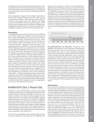 BARBADOS
83
trafficking victims were detained indefinitely for their lack of
documentation. The government did not provide temporary or
permanent residency status for Rohingya victims of trafficking
– the only foreign victims of human trafficking identified in
Bangladesh.
When Bangladeshi migrant workers lodged complaints of
labor and recruitment violations, they most often resorted
to arbitration by BAIRA, which did not provide sufficient
financial compensation and rarely addressed the illegal
activities of some BAIRA-affiliated recruitment agents. NGOs
and news reports alleged instances of officials working at some
Bangladeshi embassies abroad were mostly unresponsive to
complaints; attempts to seek restitution abroad were rare.
Prevention
The Bangladeshi government made efforts to prevent trafficking
over the reporting period. In January 2012, the Ministry of
Home Affairs promulgated a new National Plan of Action
for Combating Human Trafficking for 2012-2014, which
includes plans to implement the new law. The Ministries of
Social Welfare, Women and Children Affairs, and Primary
and Mass Education, continued to raise awareness on the
trafficking of women and children. The Ministry of Expatriate
Welfare’s Vigilance Task Force continued its work to improve
the oversight of Bangladesh’s labor recruiting process ahead
of a future merge with a Monitoring Wing. This wing lacks
the funding or professional capacity to address fraudulent
recruitment. The government continued to allow BAIRA to set
fees, license individual agencies, certify workers for overseas
labor, and handle most complaints of expatriate laborers,
while exercising inadequate oversight over this consortium
of labor recruiters to ensure their practices did not facilitate
debt bondage of Bangladeshi workers abroad. The Home
Secretary continued to chair the interministerial National
Anti-Trafficking Committee meetings, which met regularly.
The government did not implement any campaigns in the
reporting period to establish the identity of undocumented
and vulnerable local populations, such as street children or
rural women. Training, including awareness about human
trafficking, was provided to Bangladeshi soldiers prior to their
deployment abroad on international peacekeeping missions.
During the year, the government did not demonstrate measures
to reduce the demand for commercial sex acts. Bangladesh is
not a party to the 2000 UN TIP Protocol.
BARBADOS (Tier 2 Watch List)
Barbados is a source and destination country for men, women,
and children subjected to sex trafficking and forced labor. The
profile of human trafficking in Barbados is similar to those
of other countries in the region. Evidence suggests there are
foreign women forced into prostitution in Barbados. Legal and
illegal immigrants from Jamaica, the Dominican Republic,
and Guyana appear to be the most vulnerable to trafficking.
The prostitution of children is known to exist in Barbados; a
high-risk group is Barbadian and immigrant children engaging
in transactional sex with older men for material goods. In
the past, foreigners reportedly have been subjected to forced
labor in Barbados, with the highest risk sectors being domestic
service, agriculture, and construction.
The Government of Barbados does not fully comply with the
minimum standards for the elimination of trafficking. The
government has not shown evidence of increasing efforts to
address human trafficking over the previous year; therefore,
Barbados is placed on Tier 2 Watch List for a third consecutive
year. Barbados was granted a waiver of an otherwise required
downgrade to Tier 3 because its government has developed a
written plan that, if implemented, would constitute significant
efforts to meet the minimum standards for the elimination of
trafficking and is devoting sufficient resources to implement
that plan. In March 2012, the Barbadian government issued a
national action plan on human trafficking, containing specific
deadlines and implementing agencies, addressing prosecution,
protection, and prevention measures, and demonstrating its
commitment to addressing human trafficking in a substantive
way.
Recommendations for Barbados: Amend the 2011
legislation to prohibit all forms of human trafficking and
prescribe penalties that are commensurate with those
prescribed for other serious crimes; implement procedures
for law enforcement officers to identify proactively trafficking
victims among vulnerable populations, such as people in
prostitution and migrant workers; when conducting trafficking
investigations, ensure suspected victims are taken to a safe
location, as victims of human trafficking often feel threatened
and are reluctant to identify themselves as victims during a
raid; enact protections for victims of trafficking, including
provisions that provide foreign victims with relief from
immediate deportation and ensure victims are not punished
for crimes committed as a direct result of being trafficked;
increase funding to the NGO shelter and crisis center to ensure
adequate assistance is available to human trafficking victims;
and continue to develop awareness programs on all forms of
human trafficking – including domestic servitude, other forms
of forced labor, and commercial sexual exploitation of children
– in partnership with NGOs through the use of radio or other
media.
Prosecution
The Government of Barbados made little discernible progress
in its law enforcement response to human trafficking during
the reporting period. Barbadian law does not prohibit all forms
of human trafficking. The Transnational Crime Bill (Part III),
enacted in February 2011, prohibits some forms of trafficking,
though it is inconsistent with international standards because it
requires migration as a necessary element of human trafficking
offenses. Moreover, it appears not to prohibit the forced labor
or forced prostitution of Barbadian citizens and residents,
but rather prohibits only the prosecution of persons who
enter, exit, or are received into Barbados. This 2011 law
prescribes maximum penalties of 15 years’ imprisonment,
which are sufficiently stringent, but are not commensurate
with penalties for other serious crimes, such as rape, and are
lower than the penalties prescribed for the separate crime of
human smuggling. The government did not report data on
any investigations, prosecutions, convictions, or sentences of
trafficking offenders under the 2011 Transnational Crime Bill
 