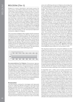 86
BELGIUM
BELGIUM (Tier 1)
Belgium is a source, destination, and transit country for
men, women, and children subjected to forced labor and sex
trafficking. Victims originate in Eastern Europe, Africa, East
Asia, as well as Brazil and India. Prominent source countries
for victims exploited in Belgium include Bulgaria, Romania,
Albania, Nigeria, China, and Turkey. Male victims are subjected
to forced labor in restaurants, bars, sweatshops, horticulture
sites, fruit farms, construction sites, cleaning businesses, and
retail shops. The main source countries for labor trafficking
include China, India, Brazil, and Bulgaria. Belgian underage
girls are recruited by local pimps and then subjected to sex
trafficking within the country, and foreign children, including
ethnic Roma, are subjected to sex trafficking. Forced begging
within the Roma community in Belgium also occurs. Foreign
workers continued to be subjected to forced domestic service,
some involving members of the international diplomatic
community assigned to Belgium.
The Government of Belgium fully complies with the minimum
standards for the elimination of trafficking. The government
continued to pursue a multi-disciplinary, case-based approach
to trafficking during the reporting period. The government
aggressively investigated alleged forced labor involving the
diplomatic community, despite immunity challenges posed
by these specific offenders. The government continued to issue
residency permits for trafficking victims and provide them with
comprehensive care. Despite reports of a significant number
of children in prostitution in the country, the government
failed to identify many child trafficking victims.
Recommendations for Belgium: Demonstrate vigorous
prosecution of forced labor and forced prostitution offenders;
pursue criminal sentences of imprisonment for convicted
trafficking offenders; continue efforts to engage more front-
line responders in victim identification to increase detection
of trafficking victims in Belgium; continue to examine ways
to balance human rights of trafficking victims and their need
for assistance with law enforcement priorities; tighten the
statutory regime to more clearly track with international
definitions of trafficking, with coercion as a core component;
and ensure more intensive outreach to unaccompanied minors
who are potential victims of trafficking in Belgium.
Prosecution
The government continued to investigate and vigorously
prosecute trafficking offenders during the reporting period.
Belgium prohibits all forms of trafficking through a 2005
amendment to its 1995 Act Containing Measures to Repress
Trafficking in Persons. As amended, the law’s maximum
prescribed penalty for all forms of trafficking – 30 years’
imprisonment – is sufficiently stringent and commensurate
with penalties prescribed for other serious crimes, such as rape.
The government’s 2010 de facto rapporteur’s report noted that
some anti-trafficking reformers in Belgium acknowledge that
the current definition of trafficking under Belgium law “leads
to ideological dilution of the concept of trafficking in human
beings,” and requested that the law “take greater account
of the coercion component” involved in human trafficking
crimes. The failure of an employer to meet prevailing wage,
hours, and working conditions can constitute “exploitation”
under Belgium’s anti-trafficking law; these cases are included
as trafficking offenses in the government’s prosecution data.
The government reported it prosecuted 358 suspected human
trafficking offenders in 2011; it prosecuted 170 offenders for
sex trafficking offenses, 165 for labor trafficking or economic
exploitation offenses, 14 for coerced criminality, and eight
suspects in cases of forced begging. The government provided
preliminary conviction and sentencing data for 2010, the
most recent year for which data was available and for which
approximately 80 percent of the data for 2010 had been
analyzed. The 2010 data was the first time the government
reported trafficking convictions as separate from smuggling
cases. The preliminary 2010 data demonstrate that the
government secured convictions for at least 64 trafficking
offenders in 2010, involving 107 instances of aggravated
circumstances. The most common aggravating circumstance
(34 instances) was the abuse of a particularly vulnerable
situation, followed by the repetitiveness of the trafficking (20
cases) and the use of fraudulent maneuvers in the conduct of
trafficking (19 cases). In 16 cases, the aggravating circumstance
was that the victim was a child. In 2009, aggregate trafficking
and smuggling convictions totaled 132. There were no cases
involving government officers or civil servants in 2010.
The 60 prison sentences for convicted traffickers in 2010
ranged from less than one year to five years’ imprisonment;
nine were sentenced to less than one year, 30 were sentenced
to between one and three years, 18 were sentenced to three
to five years and three were sentenced to five years or more.
Thirty-two of the 60 sentenced traffickers received suspended
sentences; in most cases these were partially, not entirely
suspended sentences. During the reporting period, Belgium
filed a request for extradition for two trafficking offenders. Both
were represented by their legal advisors and were sentenced to
seven and five years of prison and fines. However, the country
in question had not ratified the UN Treaty on Organized Crime
and the 2000 UN TIP Protocol and the bilateral extradition
treaty did not include trafficking, so the extradition was denied.
In September 2011, a labor court in Liege convicted four
members of a Romanian family for the enslavement of a
Romanian child in domestic service. The offenders were
sentenced to three to five and a half years’ imprisonment; the
court suspended half of all four sentences. In June 2011, the
government initiated a criminal investigation into a Sierra
Leonean diplomat posted in Belgium for subjecting his three
domestic workers to forced labor and torture while posted
in the country; the government suspended the recruitment
of new staff members at the Sierra Leonean mission. Even
though a trafficking perpetrator enjoying diplomatic immunity
could not be subject to criminal prosecution, the government
reported that launching a criminal investigation serves several
purposes; first, it will render the victims eligible for government
protection; second, the victims can still file a civil court
claim for compensation for damages; finally, the Protocol
Department of the Ministry of Foreign Affairs can use the
investigation as a basis for action to prevent future cases.
The government reported that it prosecuted some trafficking
offenders who subjected women to forced prostitution in the
 