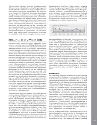 BURUNDI
105
The government continued awareness campaigns through
billboards, flyers, and public talks during the reporting period.
The CB-TIP held coordination meetings among domestic and
international organizations throughout the year. As part of
its partnership with the ILO, the government disseminated
throughout the country a brochure on forced labor printed in a
number of indigenous languages. Additionally, informational
billboards and booths were posted at bus and railway stations
and at airports to increase public awareness. UN sources report
they were allowed increased access to military recruitment
centers, where they conducted training courses for military
and civilian officials throughout the year. During the year,
Burmese authorities reported they had convicted one foreigner
of conspiring to procure children for sexual exploitation, and
sentenced him to 10 years’ imprisonment. The government
did not make any discernible efforts to reduce the demand
for forced labor inside Burma during the reporting period.
BURUNDI (Tier 2 Watch List)
Burundi is a source country for children and possibly women
subjected to forced labor and sex trafficking. Children and young
adults are coerced into forced labor on plantations or small farms
in southern Burundi, small-scale menial labor in gold mines in
Cibitoke, labor intensive tasks such as fetching river stones for
construction in Bujumbura, or informal commerce in the streets
of larger cities. Some traffickers are the victims’ family members,
neighbors, or friends who, under the pretext of assisting with
education or employment opportunities, obtain them for
forced labor. Some families are complicit in the exploitation of
children and adults with disabilities, accepting payment from
traffickers who run forced street begging operations. Young
women offer vulnerable girls room and board within their
homes, eventually pushing some of them into prostitution to
pay for living expenses; these brothels are located in poorer areas
of Bujumbura, as well as along the lake and trucking routes.
Extended family members sometimes also financially profit
from the prostitution of young relatives residing with them.
Male tourists from the Middle East, particularly Lebanon, exploit
Burundian girls in prostitution, mainly in newly constructed
high-end neighborhoods. Business people recruit Burundian
girls for prostitution in Bujumbura, as well as in Rwanda, Kenya,
and Uganda, and recruit boys and girls for various types of
forced labor in southern Burundi and Tanzania. During the
reporting period, Burundian girls were fraudulently recruited
for prostitution in Oman; the offenders originally promised
the intended victims transport to the Democratic Republic of
the Congo for religious purposes.
The Government of Burundi does not fully comply with the
minimum standards for the elimination of trafficking; however,
it is making significant efforts to do so. During the reporting
period, the government demonstrated a renewed interest
in combating trafficking in persons, as shown through its
ratification of the 2000 UN TIP Protocol. The Commander of
the Children and Ethics Brigade, the Burundian government’s
leading anti-trafficking agency, continued her nationwide
awareness-raising campaign for a third year. Despite these
efforts, the government did not demonstrate evidence of overall
increasing efforts to address human trafficking compared to
the previous year, particularly in regard to prosecution of
trafficking offenses and protection of victims; therefore, Burundi
is placed on Tier 2 Watch List for a second consecutive year.
While the government arrested four suspected traffickers and
began prosecuting two of them, it failed to convict a trafficking
offender during the reporting period. The Ministries of Health
and Solidarity provided ad hoc support to victims through the
provision of medical care vouchers and limited funding to
service providers, though most victim assistance continued
to be provided by NGOs without government support. The
government could greatly enhance the coordination of its anti-
trafficking efforts through the designation of a lead ministry
or the formation of an inter-ministerial body.
Recommendations for Burundi: Finalize and enact draft
anti-trafficking legislation; enforce the trafficking provisions
in the 2009 Criminal Code amendments through increased
prosecution of trafficking offenses and conviction and
punishment of trafficking offenders; ensure all units of the
police, as well as prosecutors, judges, and border guards receive
anti-trafficking training to include how to refer cases for
investigation; establish standardized policies and procedures
for government officials to identify and interview proactively
potential trafficking victims and transfer them to the care, when
appropriate, of local organizations; continue the anti-trafficking
public awareness campaign currently underway by the police;
establish mechanisms for increasing protective services to
victims, possibly through partnerships with NGOs or
international organizations; and establish broad-based
institutional capacity to combat trafficking by forming an
inter-ministerial committee to coordinate and guide government
efforts.
Prosecution
The Government of Burundi maintained its anti-trafficking law
enforcement efforts during the reporting period. Articles 242
and 243 of Burundi’s Criminal Code prohibit human trafficking
and smuggling and prescribe sentences of five to 20 years’
imprisonment; the code does not, however, provide a definition
of human trafficking, potentially impeding investigators’
or prosecutors’ ability to identify and prosecute trafficking
offenses. Sex trafficking offenses can also be addressed using
penal code articles on brothel-keeping and pimping, which
prescribe penalties of one to five years’ imprisonment, and
child prostitution, with prescribed penalties of five to 10 years’
imprisonment. These penalties are sufficiently stringent and
commensurate with those prescribed for other serious offenses,
such as rape. Forced labor is prohibited by Article 2 of the
Labor Law, though the Criminal Code prescribes no explicit
penalties for a violation; officials cite this as a weakness in
combating trafficking crimes, especially in addressing forced
child labor. The government made no efforts to complete its
draft comprehensive anti-trafficking legislation intended to
rectify this and other gaps in existing laws.
In 2011, the government did not collect aggregate data on its
anti-trafficking law enforcement efforts. The Children and
Ethics Brigade, under the Burundian National Police, was
the sole government entity that made specific anti-trafficking
efforts during the year. Police arrested four suspected trafficking
 