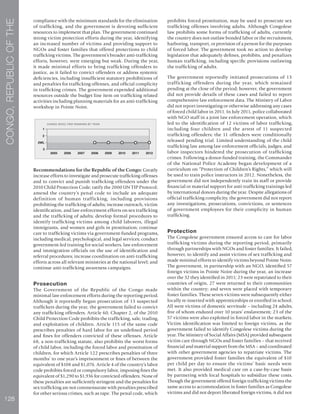 128
CONGO,REPUBLICOFTHE
compliance with the minimum standards for the elimination
of trafficking, and the government is devoting sufficient
resources to implement that plan. The government continued
strong victim protection efforts during the year, identifying
an increased number of victims and providing support to
NGOs and foster families that offered protections to child
trafficking victims. The government’s broader anti-trafficking
efforts, however, were emerging but weak. During the year,
it made minimal efforts to bring trafficking offenders to
justice, as it failed to convict offenders or address systemic
deficiencies, including insufficient statutory prohibitions of
and penalties for trafficking offenses, and official complicity
in trafficking crimes. The government expended additional
resources outside the budget line item on trafficking related
activities including planning materials for an anti-trafficking
workshop in Pointe Noire.
Recommendations for the Republic of the Congo: Greatly
increase efforts to investigate and prosecute trafficking offenses
and to convict and punish trafficking offenders under the
2010 Child Protection Code; ratify the 2000 UN TIP Protocol;
amend the country’s penal code to include an adequate
definition of human trafficking, including provisions
prohibiting the trafficking of adults; increase outreach, victim
identification, and law enforcement efforts on sex trafficking
and the trafficking of adults; develop formal procedures to
identify trafficking victims among child laborers, illegal
immigrants, and women and girls in prostitution; continue
care to trafficking victims via government-funded programs,
including medical, psychological, and legal services; conduct
government-led training for social workers, law enforcement
and immigration officials on the use of identification and
referral procedures; increase coordination on anti-trafficking
efforts across all relevant ministries at the national level; and
continue anti-trafficking awareness campaigns.
Prosecution
The Government of the Republic of the Congo made
minimal law enforcement efforts during the reporting period.
Although it reportedly began prosecution of 13 suspected
traffickers during the year, the government failed to convict
any trafficking offenders. Article 60, Chapter 2, of the 2010
Child Protection Code prohibits the trafficking, sale, trading,
and exploitation of children. Article 115 of the same code
prescribes penalties of hard labor for an undefined period
and fines for offenders convicted of these offenses. Article
68, a non-trafficking statute, also prohibits the worst forms
of child labor, including the forced labor and prostitution of
children, for which Article 122 prescribes penalties of three
months’ to one year’s imprisonment or fines of between the
equivalent of $108 and $1,076. Article 4 of the country’s labor
code prohibits forced or compulsory labor, imposing fines the
equivalent of $1,290 to $1,936 for convicted offenders. None of
these penalties are sufficiently stringent and the penalties for
sex trafficking are not commensurate with penalties prescribed
for other serious crimes, such as rape. The penal code, which
prohibits forced prostitution, may be used to prosecute sex
trafficking offenses involving adults. Although Congolese
law prohibits some forms of trafficking of adults, currently
the country does not outlaw bonded labor or the recruitment,
harboring, transport, or provision of a person for the purposes
of forced labor. The government took no action to develop
legislation that adequately defines, prohibits, and penalizes
human trafficking, including specific provisions outlawing
the trafficking of adults.
The government reportedly initiated prosecutions of 13
trafficking offenders during the year, which remained
pending at the close of the period; however, the government
did not provide details of these cases and failed to report
comprehensive law enforcement data. The Ministry of Labor
did not report investigating or otherwise addressing any cases
of forced child labor in 2011. In July 2011, police collaborated
with NGO staff in a joint law enforcement operation, which
led to the identification of 12 victims of labor trafficking,
including four children and the arrest of 11 suspected
trafficking offenders; the 11 offenders were conditionally
released pending trial. Limited understanding of the child
trafficking law among law enforcement officials, judges, and
labor inspectors hindered the prosecution of trafficking
crimes. Following a donor-funded training, the Commander
of the National Police Academy began development of a
curriculum on “Protection of Children’s Rights,” which will
be used to train police instructors in 2012. Nonetheless, the
government did not independently train its staff or provide
financial or material support for anti-trafficking trainings led
by international donors during the year. Despite allegations of
official trafficking complicity, the government did not report
any investigations, prosecutions, convictions, or sentences
of government employees for their complicity in human
trafficking.
Protection
The Congolese government ensured access to care for labor
trafficking victims during the reporting period, primarily
through partnerships with NGOs and foster families. It failed,
however, to identify and assist victims of sex trafficking and
made minimal efforts to identify victims beyond Pointe Noire.
The government, in partnership with an NGO, identified 57
foreign victims in Pointe Noire during the year, an increase
over the 32 they identified in 2011; 23 were repatriated to their
countries of origin, 27 were returned to their communities
within the country; and seven were placed with temporary
foster families. These seven victims were subsequently either
locally re-inserted with apprenticeships or enrolled in school.
All were victims of domestic servitude – including 24 adults,
five of whom endured over 10 years’ enslavement; 23 of the
57 victims were also exploited in forced labor in the markets.
Victim identification was limited to foreign victims, as the
government failed to identify Congolese victims during the
year. The Ministry of Social Affairs (MSA) provided subsequent
victim care through NGOs and foster families – that received
financial and material support from the MSA – and coordinated
with other government agencies to repatriate victims. The
government provided foster families the equivalent of $10
per child per day to ensure the victims’ basic needs were
met. It also provided medical care on a case-by-case basis
by partnering with local hospitals to subsidize these costs.
Though the government offered foreign trafficking victims the
same access to accommodation in foster families as Congolese
victims and did not deport liberated foreign victims, it did not
 