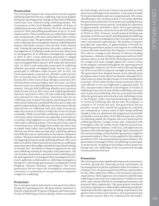 CZECHREPUBLIC
139
Prosecution
The Czech government’s law enforcement activities against
trafficking improved this year; trafficking convictions doubled
during the reporting period, though no final labor trafficking
convictions were achieved using trafficking statutes. The
Government of the Czech Republic prohibits all forms of
trafficking in persons under Section 168 of its criminal code,
revised in 2010, prescribing punishments of up to 16 years’
imprisonment. These punishments are sufficiently stringent
and commensurate with those prescribed for other serious
crimes, such as rape. The government continued to prosecute
some trafficking cases investigated as human trafficking before
January 2010 under Sections 232a and 204 of the criminal
code. During the reporting period, the police conducted 19
investigations of 29 offenders under Section 168, down from
24 investigations of 35 offenders investigations conducted
in 2010. In 2011, Czech authorities prosecuted 21 alleged
trafficking offenders under Section 168 and 12 individuals in
cases investigated before January 2010 under the old Section
232a. In 2010, Czech authorities prosecuted 26 trafficking
offenders previously investigated under Section 232a, and
prosecuted 15 offenders under Section 168. In 2011, the
Czech government convicted ten offenders under Section
168; an increase from the three offenders convicted under
Section 168 in 2010. Seven of these offenders convicted in 2011
received prison sentences higher than five years; two lower
than five years; one trafficking offender received a suspended
sentence. Nine pre-2010 trafficking offenders were convicted
under Section 232a in 2011; seven such trafficking offenders
had been convicted in 2010. All nine trafficking offenders
were sentenced to time in prison. Conviction rates for sex
trafficking cases increased during the reporting period; law
enforcement authorities attributed this increase to improved
judicial understanding of trafficking. Law enforcement officials
observed that sex trafficking cases were easier to prosecute
when there was use of violence or when the victim was clearly
vulnerable. While several labor trafficking cases resulted in
convictions, these convictions were appealed; courts have yet
to produce a final judgment or conviction of labor trafficking
cases under trafficking statutes. Given the use of non-typical
coercive practices, Czech judges more readily view labor cases
as simple fraud rather than trafficking. Both government
officials and NGOs observed that labor trafficking offenses
were difficult to prove, particularly in the absence of physical
violence. The government trained law enforcement officials on
investigating and prosecuting trafficking offenses. The Czech
judicial academy offered specialized training on trafficking;
more prosecutors than judges attended the specialized training.
In October 2011, the Ministry of Interior organized a two-day
anti-trafficking training for 60 police and prosecutors. The
Czech police maintained a specialized anti-trafficking unit;
the unit organized 11 trainings for their investigators in 2011.
Czech authorities collaborated on trafficking investigations
during 2011 with foreign governments, including the United
Kingdom, Ukraine, Romania, and Bulgaria. The Czech
government did not report the investigation, prosecution,
conviction, or sentencing of any government employees
complicit in trafficking.
Protection
The Czech government had mixed victim protection efforts
during the reporting period. The government continued to
fund its comprehensive Program of Support and Protection of
Victims of Trafficking in Human Beings, which was available
for both foreign and Czech victims and provided for both
short-term and longer-term assistance. Government-funded
NGOs provided shelter and care to approximately 100 victims
of trafficking in 2011, of whom at least 27 were newly identified.
The government reduced its victim protection funding this year
by approximately twenty percent, providing the equivalent
of approximately $250,000 to three NGOs specializing in
trafficking in persons, a decrease from the $305,600 provided
to NGOs in 2010. However, overall program funding was
increased, as NGOs received EU matching funds for trafficking
victim care based on funding from the Czech government and
other international organizations. The Ministry of Interior
provided the equivalent of approximately $190,000 for
trafficking prevention projects and support for trafficking
victims who had entered into the Program. As of November
2011, due to a change in the Ministry of Interior’s funding
mechanism, a Ministry of Interior agreement with two NGO
partners came to an end. The NGOs’ financing was not renewed
on a longer term basis, though support for current victims
in the program continued throughout the reporting period.
Subsequently, funds for all NGOs will be directed through
one NGO, in an effort to improve oversight of ministry funds.
The government has adopted formal victim identification
procedures and a victim referral mechanism, although NGOs
raised concerns about the effectiveness of victim identification
in practice. NGOs observed that victims sometimes did not
trust officials or were too frightened to approach police. In
2011, the government referred to the Program 10 victims of
trafficking; three were victims of labor trafficking, and seven
were victims of sex trafficking. This was an increase from 2010,
when the government referred seven new trafficking victims
to the Program. Police reported identifying an additional
51 victims of trafficking who did not enter the program, in
contrast to 76 victims last year. The government did not
penalize victims who entered the program for unlawful
acts committed as a direct result of their being trafficked,
though victims not admitted to the program were potentially
vulnerable to such penalties. NGOs did not report any victims
of trafficking outside the Program who were prosecuted for
trafficking offenses. Foreign victims who cooperated with
investigators after the initial 60-day reflection period were
granted temporary residence, work visas, and support for the
duration of the relevant legal proceedings. Upon conclusion of
the court proceedings, victims had the opportunity to apply for
permanent residency. Three victims applied for this residency
provision in 2011 and were granted permanent residency. The
government encouraged victims of trafficking to participate
in prosecutions, including by providing witness protection
during trial; one trafficking victim was protected through
witness protection this year.
Prevention
The Czech government significantly improved its prevention
activities during the reporting period, particularly by
increasing efforts to prevent exploitative labor recruitment. As
of January 2012, the government hired 400 new staff members
for the Labor Inspection Offices and increased inspection
requirements. These inspectors were trained to identify labor
trafficking victims and were empowered to collaborate with
police and customs officials in investigating businesses and
potential labor exploitation. The government introduced
several new regulations to address labor trafficking and abusive
employment by labor agencies, including: requirements that
agencies have written work contracts, such as provisions that
the contract must be able to be understood by the worker;
 