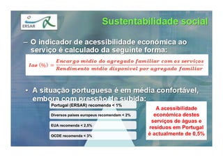 Portugal (ERSAR) recomenda < 1%
                                              A acessibilidade
Diversos países europeus recomendam < 2%     económica destes
                                            serviços de águas e
EUA recomenda < 2,5%
                                           resíduos em Portugal
OCDE recomenda < 3%                        é actualmente de 0,5%
 