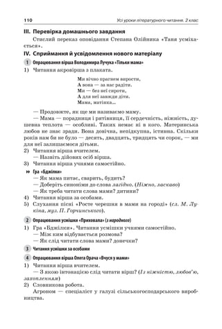 110 Усі уроки літературного читання. 2 клас
III.	Перевірка домашнього завдання
Стислий переказ оповідання Степана Олійника «Таня усміха-
ється».
IV.	Сприймання й усвідомлення нового матеріалу
1	 Опрацювання вірша Володимира Лучука «Тільки мама»
1)	Читання акровірша з плаката.
Ми вічно прагнем вирости,
А вона — за нас радіти.
Ми — без неї сироти,
А для неї завжди діти.
Мама, матінка…
— Продовжте, як ще ми називаємо маму.
— Мама — порадниця і рятівниця, її сердечність, ніжність, ду-
шевна теплота — особливі. Таких немає ні в кого. Материнська
любов не знає зради. Вона довічна, непідкупна, істинна. Скільки
років нам би не було — десять, двадцять, тридцять чи сорок, — ми
для неї залишаємося дітьми.
2)	Читання вірша вчителем.
— Назвіть дійових осіб вірша.
3)	Читання вірша учнями самостійно.
Гра «Бджілки»
— Як мама питає, сварить, будить?
— Доберіть синоніми до слова лагідно. (Ніжно, ласкаво)
— Як треба читати слова мами? дитини?
4)	Читання вірша за особами.
5)	 Слухання пісні «Росте черешня в мами на городі» (сл. М. Лу-
кіна, муз. П. Горчинського).
2	 Опрацювання усмішки «Приховала» (знародного)
1)	 Гра «Бджілки». Читання усмішки учнями самостійно.
— Між ким відбувається розмова?
— Як слід читати слова мами? донечки?
3	 Читання усмішки за особами
4	 Опрацювання вірша Олега Орача «Вчуся у мами»
1)	Читання вірша вчителем.
— З якою інтонацією слід читати вірш? (Із ніжністю, любов’ю,
захопленням)
2)	 Словникова робота.
Агроном — спеціаліст у галузі сільськогосподарського вироб-
ництва.
 