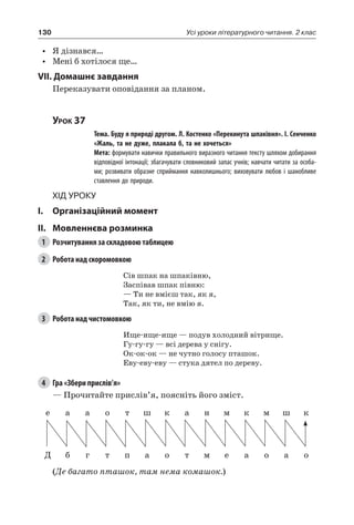 130 Усі уроки літературного читання. 2 клас
•	 Я дізнався…
•	 Мені б хотілося ще…
VII. Домашнє завдання
Переказувати оповідання за планом.
Урок 37
		 Тема. Буду я природі другом. Л. Костенко «Перекинута шпаківня». І. Сенченко
«Жаль, та не дуже, плакала б, та не хочеться»
		 Мета: формувати навички правильного виразного читання тексту шляхом добирання
відповідної інтонації; збагачувати словниковий запас учнів; навчати читати за особа-
ми; розвивати образне сприймання навколишнього; виховувати любов і шанобливе
ставлення до природи.
Хід уроку
I.	 Організаційний момент
II.	Мовленнєва розминка
1	 Розчитування за складовою таблицею
2	 Робота над скоромовкою
Сів шпак на шпаківню,
Заспівав шпак півню:
— Ти не вмієш так, як я,
Так, як ти, не вмію я.
3	 Робота над чистомовкою
Ище-ище-ище — подув холодний вітрище.
Гу-гу-гу — всі дерева у снігу.
Ок-ок-ок — не чутно голосу пташок.
Еву-еву-еву — стука дятел по дереву.
4	 Гра «Збери прислів’я»
— Прочитайте прислів’я, поясніть його зміст.
е а а о т ш к а н м к м ш к
Д б г т п а о т м е а о а о
(Де багато пташок, там нема комашок.)
 