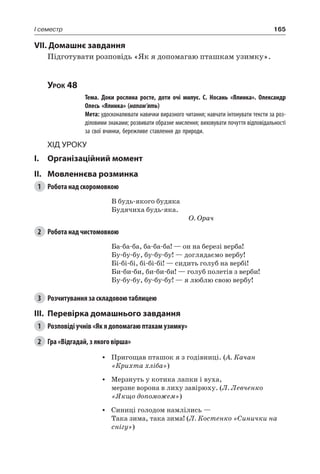 165I семестр
VII. Домашнє завдання
Підготувати розповідь «Як я допомагаю пташкам узимку».
Урок 48
		 Тема. Доки рослина росте, доти очі милує. С.  Носань «Ялинка». Олександр
Олесь «Ялинка» (напам’ять)
		 Мета: удосконалювати навички виразного читання; навчати інтонувати тексти за роз-
діловими знаками; розвивати образне мислення; виховувати почуття відповідальності
за свої вчинки, бережливе ставлення до природи.
Хід уроку
I.	 Організаційний момент
II.	Мовленнєва розминка
1	 Робота над скоромовкою
В будь-якого будяка
Будячиха будь-яка.
О. Орач
2	 Робота над чистомовкою
Ба-ба-ба, ба-ба-ба! — он на березі верба!
Бу-бу-бу, бу-бу-бу! — доглядаємо вербу!
Бі-бі-бі, бі-бі-бі! — сидить голуб на вербі!
Би-би-би, би-би-би! — голуб полетів з верби!
Бу-бу-бу, бу-бу-бу! — я люблю свою вербу!
3	 Розчитування за складовою таблицею
III.	Перевірка домашнього завдання
1	 Розповіді учнів «Як я допомагаю птахам узимку»
2	 Гра «Відгадай, з якого вірша»
•	 Пригощав пташок я з годівниці. (А. Качан
«Крихта хліба»)
•	 Мерзнуть у котика лапки і вуха,
мерзне ворона в лиху завірюху. (Л. Левченко
«Якщо допоможем»)
•	 Синиці голодом намлілись —
Така зима, така зима! (Л. Костенко «Синички на
снігу»)
 