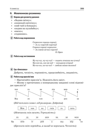 205II семестр
II.	Мовленнєва розминка
1	 Вправи для розвитку дихання
•	 «Задми свічку»;
•	 «понюхай квіточку»;
•	 «пий чай із блюдця»;
•	 «подми на кульбабку»;
•	 «насос»;
•	 «годинник».
2	 Робота над скоромовкою
Скрекоче сорока сороці:
— А я у сорочій сорочці!
Сорока сороці скрекоче:
— А в мене яєчко сороче!
О. Орач
3	 Робота над чистомовкою
Ку-ку-ку, ку-ку-ку! — сидить пташка на сучку!
Ки-ки-ки, ки-ки-ки! — посадили огірки!
Ко-ко-ко, ко-ко-ко! — люблю свіже молоко!
4	 Гра «Блискавка»
Доброта, чесність, терпимість, працелюбність, людяність.
5	 Робота над прислів’ями
— Прочитайте прислів’я. Поясніть його зміст.
— Якому з прочитаних у попередньому завданні слові відпові-
дає прислів’я?
теп го ва лід мер є
Від ло сло і роз за
(Від теплого слова і лід розмерзає. Доброта)
Мов чан ка гнів га сить
(Мовчанка гнів гасить. Терпимість.)
Бр
ех
нею
св
іт
пе
рей
деш
а
на
зад
не
вер
неш
ся
(Брехнею світ перейдеш, а назад не вернешся. Чесність)
 