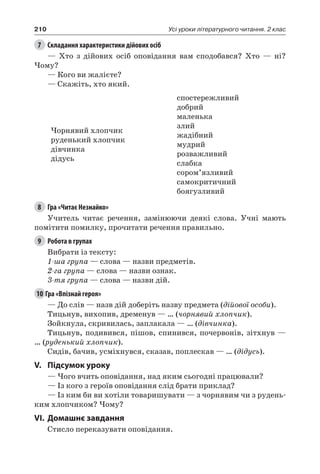 210 Усі уроки літературного читання. 2 клас
7	 Складання характеристики дійових осіб
— Хто з дійових осіб оповідання вам сподобався? Хто — ні?
Чому?
— Кого ви жалієте?
— Скажіть, хто який.
Чорнявий хлопчик
руденький хлопчик
дівчинка
дідусь
спостережливий
добрий
маленька
злий
жадібний
мудрий
розважливий
слабка
сором’язливий
самокритичний
боягузливий
8	 Гра «Читає Незнайко»
Учитель читає речення, замінюючи деякі слова. Учні мають
помітити помилку, прочитати речення правильно.
9	 Робота в групах
Вибрати із тексту:
1-ша група — слова — назви предметів.
2-га група — слова — назви ознак.
3-тя група — слова — назви дій.
10	Гра «Впізнай героя»
— До слів — назв дій доберіть назву предмета (дійової особи).
Тицьнув, вихопив, дременув — … (чорнявий хлопчик).
Зойкнула, скривилась, заплакала — … (дівчинка).
Тицьнув, подивився, пішов, спинився, почервонів, зітхнув —
… (руденький хлопчик).
Сидів, бачив, усміхнувся, сказав, поплескав — … (дідусь).
V.	Підсумок уроку
— Чого вчить оповідання, над яким сьогодні працювали?
— Із кого з героїв оповідання слід брати приклад?
— Із ким би ви хотіли товаришувати — з чорнявим чи з рудень-
ким хлопчиком? Чому?
VI.	Домашнє завдання
Стисло переказувати оповідання.
 