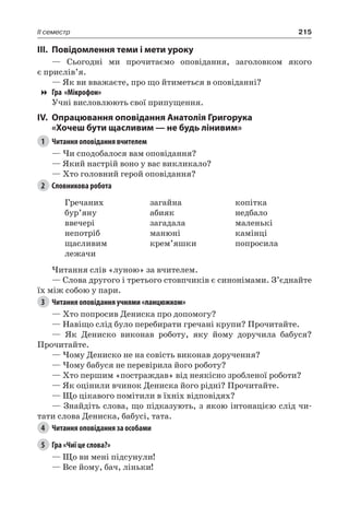 215II семестр
III.	Повідомлення теми і мети уроку
— Сьогодні ми прочитаємо оповідання, заголовком якого
є прислів’я.
— Як ви вважаєте, про що йтиметься в оповіданні?
Гра «Мікрофон»
Учні висловлюють свої припущення.
IV.	 Опрацювання оповідання Анатолія Григорука
«Хочеш бути щасливим — не будь лінивим»
1	 Читання оповідання вчителем
— Чи сподобалося вам оповідання?
— Який настрій воно у вас викликало?
— Хто головний герой оповідання?
2	 Словникова робота
Гречаних
бур’яну
ввечері
непотріб
щасливим
лежачи
загайна
абияк
загадала
манюні
крем’яшки
копітка
недбало
маленькі
камінці
попросила
Читання слів «луною» за вчителем.
— Слова другого і третього стовпчиків є синонімами. З’єднайте
їх між собою у пари.
3	 Читання оповідання учнями «ланцюжком»
— Хто попросив Дениска про допомогу?
— Навіщо слід було перебирати гречані крупи? Прочитайте.
— Як Дениско виконав роботу, яку йому доручила бабуся?
Прочитайте.
— Чому Дениско не на совість виконав доручення?
— Чому бабуся не перевірила його роботу?
— Хто першим «постраждав» від неякісно зробленої роботи?
— Як оцінили вчинок Дениска його рідні? Прочитайте.
— Що цікавого помітили в їхніх відповідях?
— Знайдіть слова, що підказують, з якою інтонацією слід чи-
тати слова Дениска, бабусі, тата.
4	 Читання оповідання за особами
5	 Гра «Чиї це слова?»
— Що ви мені підсунули!
— Все йому, бач, ліньки!
 