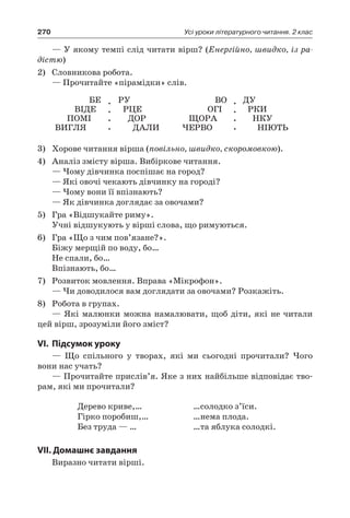 270 Усі уроки літературного читання. 2 клас
— У якому темпі слід читати вірш? (Енергійно, швидко, із ра-
дістю)
2)	 Словникова робота.
— Прочитайте «пірамідки» слів.
БЕ
ВІДЕ
ПОМІ
ВИГЛЯ
.
.
.
.
РУ
РЦЕ
ДОР
ДАЛИ
ВО
ОГІ
ЩОРА
ЧЕРВО
.
.
.
.
ДУ
РКИ
НКУ
НІЮТЬ
3)	 Хорове читання вірша (повільно, швидко, скоромовкою).
4)	 Аналіз змісту вірша. Вибіркове читання.
— Чому дівчинка поспішає на город?
— Які овочі чекають дівчинку на городі?
— Чому вони її впізнають?
— Як дівчинка доглядає за овочами?
5)	 Гра «Відшукайте риму».
Учні відшукують у вірші слова, що римуються.
6)	 Гра «Що з чим пов’язане?».
Біжу мерщій по воду, бо…
Не спали, бо…
Впізнають, бо…
7)	 Розвиток мовлення. Вправа «Мікрофон».
— Чи доводилося вам доглядати за овочами? Розкажіть.
8)	 Робота в групах.
— Які малюнки можна намалювати, щоб діти, які не читали
цей вірш, зрозуміли його зміст?
VI.	Підсумок уроку
— Що спільного у творах, які ми сьогодні прочитали? Чого
вони нас учать?
— Прочитайте прислів’я. Яке з них найбільше відповідає тво-
рам, які ми прочитали?
Дерево криве,…
Гірко поробиш,…
Без труда — …
…солодко з’їси.
…нема плода.
…та яблука солодкі.
VII. Домашнє завдання
Виразно читати вірші.
 