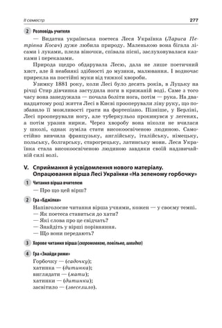 277II семестр
2	 Розповідь учителя
— Видатна українська поетеса Леся Українка (Лариса Пе-
трівна Косач) дуже любила природу. Маленькою вона бігала лі-
сами і луками, плела віночки, співала пісні, заслуховувалася каз-
ками і переказами.
Природа щедро обдарувала Лесю, дала не лише поетичний
хист, але й неабиякі здібності до музики, малювання. І водночас
прирекла на постійні муки від тяжкої хвороби.
Узимку 1881 року, коли Лесі було десять років, в Луцьку на
річці Стир дівчинка застудила ноги в крижаній воді. Саме з того
часу вона занедужала — почала боліти нога, потім — рука. На два-
надцятому році життя Лесі в Києві прооперували ліву руку, що по-
збавило її можливості грати на фортепіано. Пізніше, у Берліні,
Лесі прооперували ногу, але туберкульоз прокинувся у легенях,
а потім уразив нирки. Через хворобу вона ніколи не вчилася
у школі, однак зуміла стати високоосвіченою людиною. Само-
стійно вивчила французьку, англійську, італійську, німецьку,
польську, болгарську, старогрецьку, латинську мови. Леся Укра-
їнка стала високоосвіченою людиною завдяки своїй надзвичай-
ній силі волі.
V.	Сприймання й усвідомлення нового матеріалу.
Опрацювання вірша Лесі Українки «На зеленому горбочку»
1	 Читання вірша вчителем
— Про що цей вірш?
2	 Гра «Бджілки»
Напівголосне читання вірша учнями, кожен — у своєму темпі.
— Як поетеса ставиться до хати?
— Які слова про це свідчать?
— Знайдіть у вірші порівняння.
— Що вони передають?
3	 Хорове читання вірша (скоромовкою,повільно,швидко)
4	 Гра «Знайди рими»
Горбочку — (садочку);
хатинка — (дитинка);
виглядати — (мати);
хатинки — (дитинки);
засвітило — (звеселило).
 